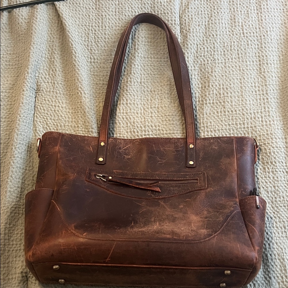 Leather tote with laptop sleeve